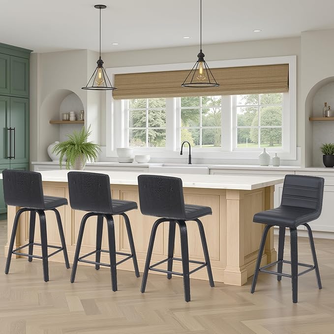 Vienna Modern Counter Height Swivel Bar Stool with Black Faux Leather Seat and Black Brushed Wood Frame Set of 3