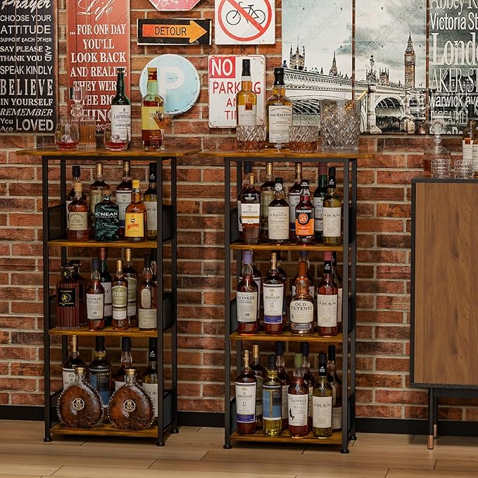 Wine Rack Freestanding Floor:4 Tier Whiskey Wine Rack Mini Bar Cart,Liquor Cabinet-Home Bar for Bottles,Cocktail Shaker,Mugs-(23.6 * 11.8 * 40inch)