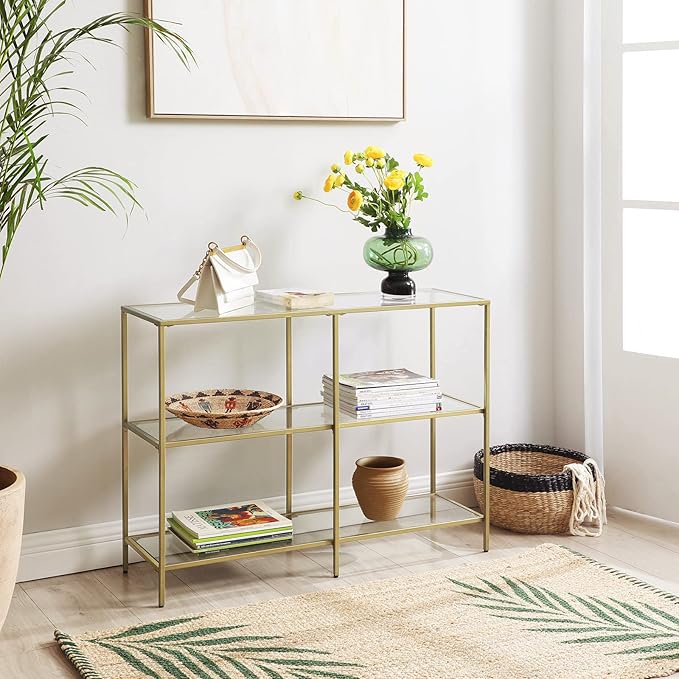 VASAGLE 39.4 Inch Console Table with 3 Shelves, Set of 2 Sofa Tables, Modern Entryway Table, Metal Frame, Tempered Glass Shelf, Entryway Living Room Bedroom, Metallic Gold and Transparent ULGT999G01