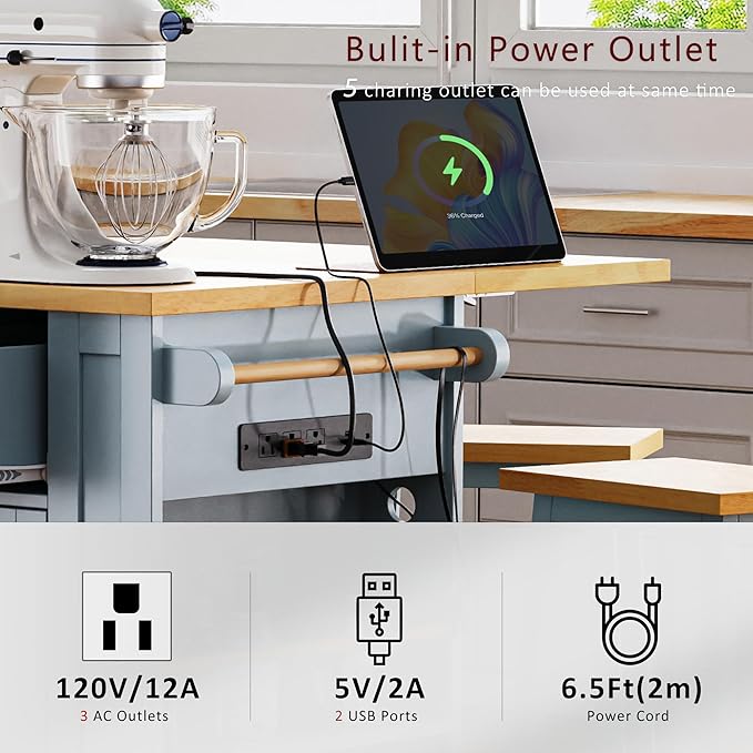 YOTPO 53" Large Kitchen Island with Drop Leaf,Power Outlet & Door Internal Storage Rack,Rolling Kitchen Cart on 5 Wheels W/ 5 Open Side Racks for Kitchen,Dining Room,Grey Blue(Not Include bar stools)