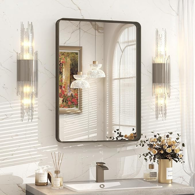 20x30 Inch Bronze Framed Bathroom Mirror, Rectangle Brushed Bronze Metal Vanity Mirror,Rounded Bathroom Vanity Mirror, Anti-Rust, Shatterproof (Horizontal/Vertical)