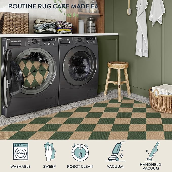 Lahome Checkered Outdoor Patio Easy Jute Rug, 3x5 Dark Green Washable Front Porch Door Rug, Farmhouse Indoor Outdoor Carpet Non Slip Non Shedding Carpet for Entryway Living Room Deck