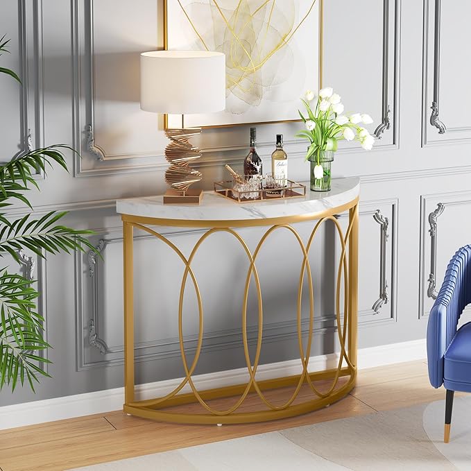 LITTLE TREE Half Moon Gold Console Table, 43 Inch Modern Faux Marble Entryway Table, Narrow Semi Circle Sofa Accent Table with Geometric Metal Frame for Living Room, Hallway