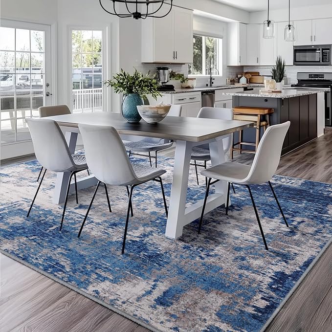 Washable Area Rugs 8'x10' Non-Slip Modern Abstract Soft for Living Room Entryway Bedroom Nursery, Print Pattern, Blue Grey Navy Gray