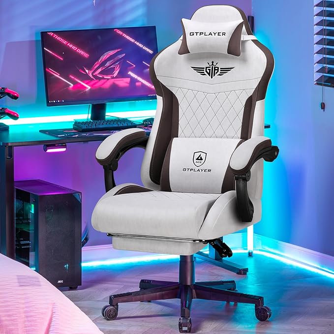GTPLAYER Gaming Chair, Video Game Chairs with Footrest and Lumbar Support, Computer Chair for Adults with Extended Backrest, Ergonomic Reclining Silla Gamer, Fabric, Brown