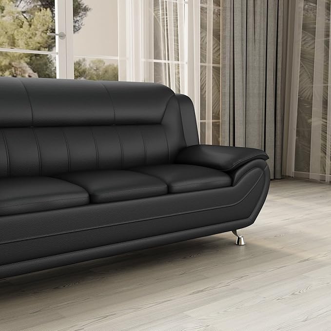 Container Furniture Direct Michael Modern Faux Leather Upholstered Stainless Steel Legs Living Room Sofa, Black