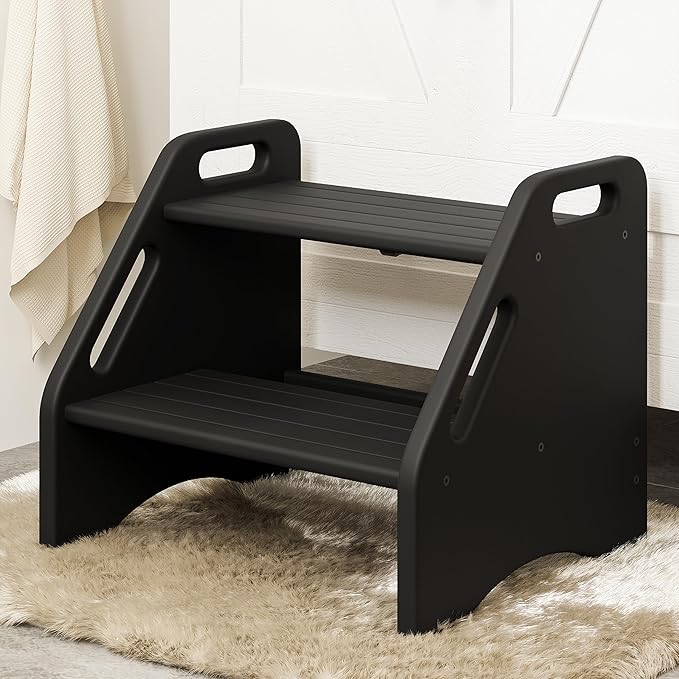 AMBIRD Wooden Step Stool, Two Step Stools 300 lbs Capacity with Safety Non-Slip Pads and Handles, Bamboo Step Stool for Bathroom, Kitchen Dual Height Step Stools for Adults (Black)