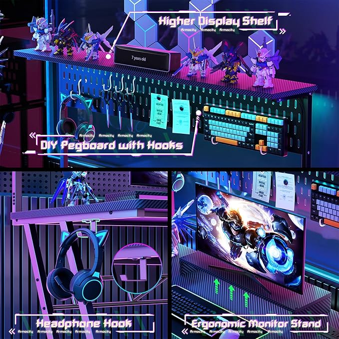 Armocity Gaming Computer Desk with Hutch and LED Lights, 53'' Black Gaming Desk with Storage Shelves, Reversible PC Gamer Desks with Pegboard, Ergonomic Desk for Bedroom, Carbon Fiber Surface
