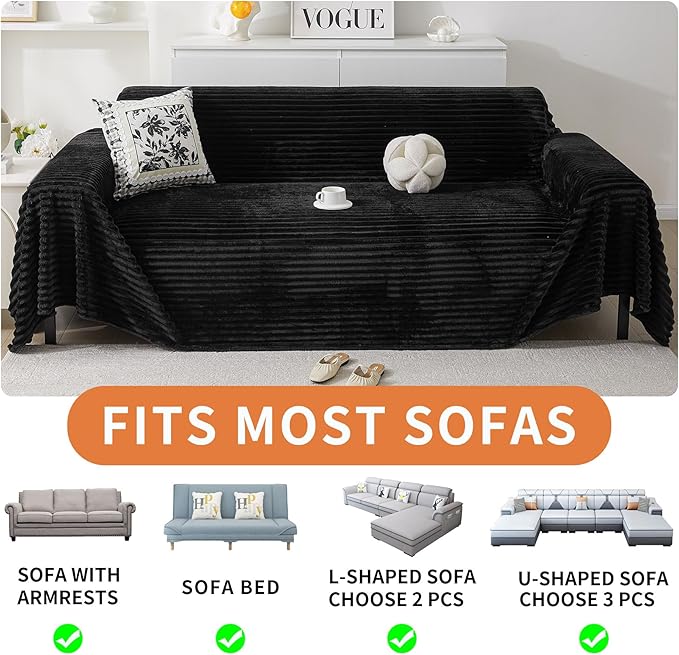 HAOMAIJIA Faux Fur Sofa Covers Couch Covers for 2 Cushion Couch Sofa Pet Friendly Soft Non Slip Couch Cover for Dogs Washable Sectional Couch Covers L Shape Furniture Protector (Black, 71"x118")