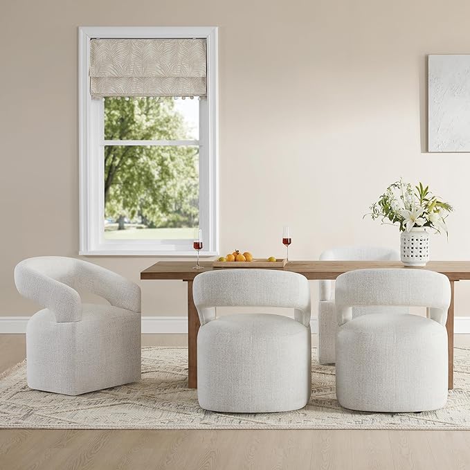 Upholstered Dining Chairs with Casters Modern Barrel Side Armchair with Rollers for Diningroom Bedroom Livingroom Reading Room, Beige, 1PCS