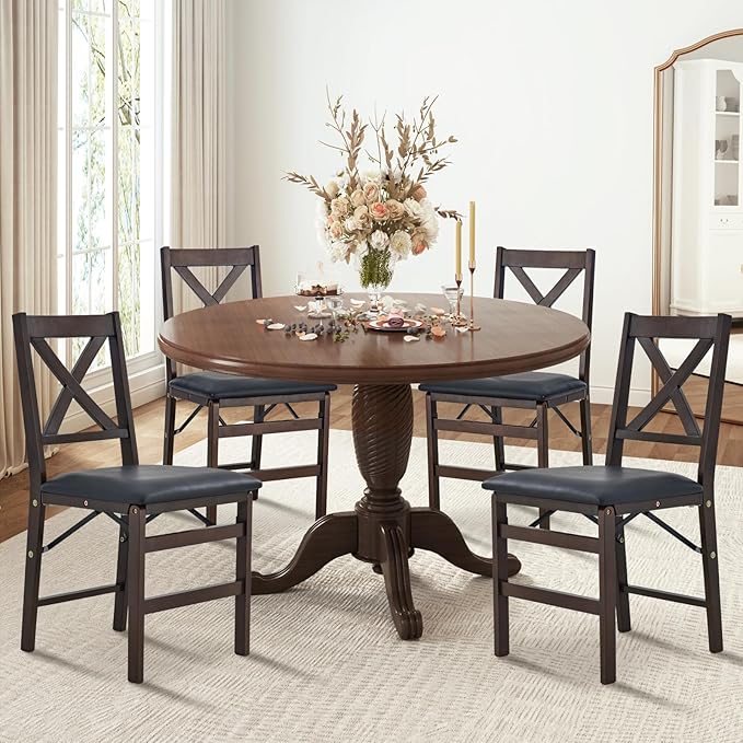 COLAMY Folding Dining Chairs Set of 4 – Dark Brown Wooden Dining Room Chairs, Pre-Assembled, Space Saving Kitchen & Dining Room Furniture, Mid Century Rustic Style, Indoor Outdoor Use