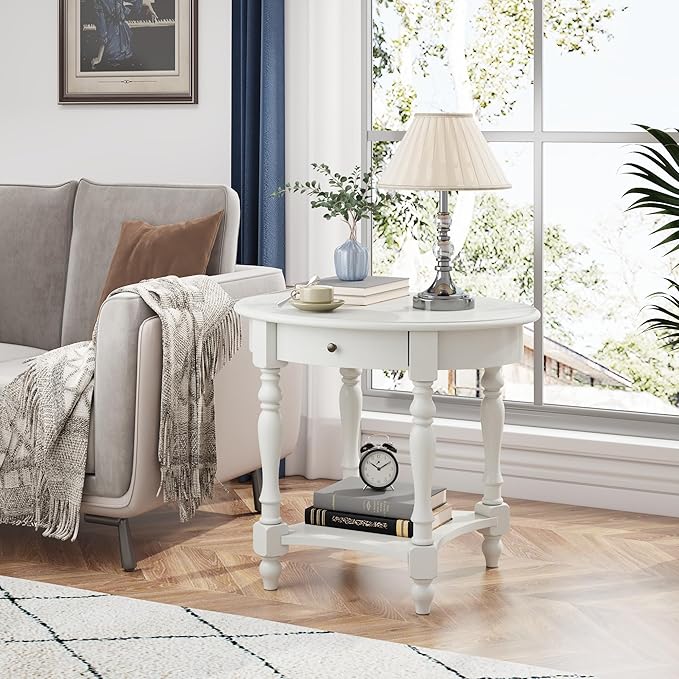 LEEMTORIG Oval Round End Table with Drawer, 2-Tier Solid Wood End Tables, Victorian Antique Nightstand Bedside Table for Bedroom, 28" W x 22" D x 24.2" H, Grey White (not Pure White), CJZ-2233-RW