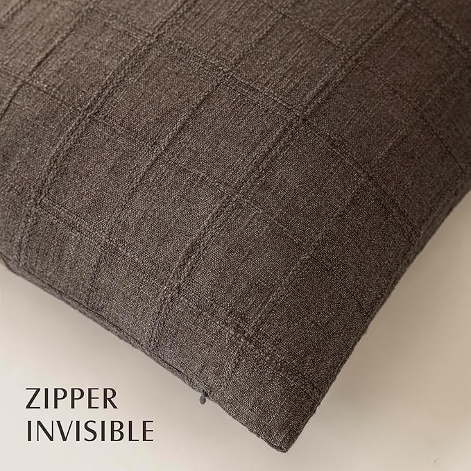 Foindtower Set of 2 Decorative Linen Check Throw Pillow Covers Neutral Farmhouse Lumbar Cushion Covers Modern Boho Home Decor for Sofa Chair Couch Bedroom Living Room Outdoor,12×20 Inch,Dark Brown