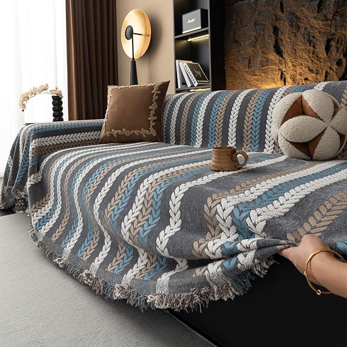 STACYPIK Boho Jacquard Leaves Sofa Cover, Blue Geometric Couch Cover for Dog, Washable Furniture Protector for 3 Cushion Couch, Non Slip Sectional Cover for Loveseat, L Shape Sofa Slipcovers-71X150IN
