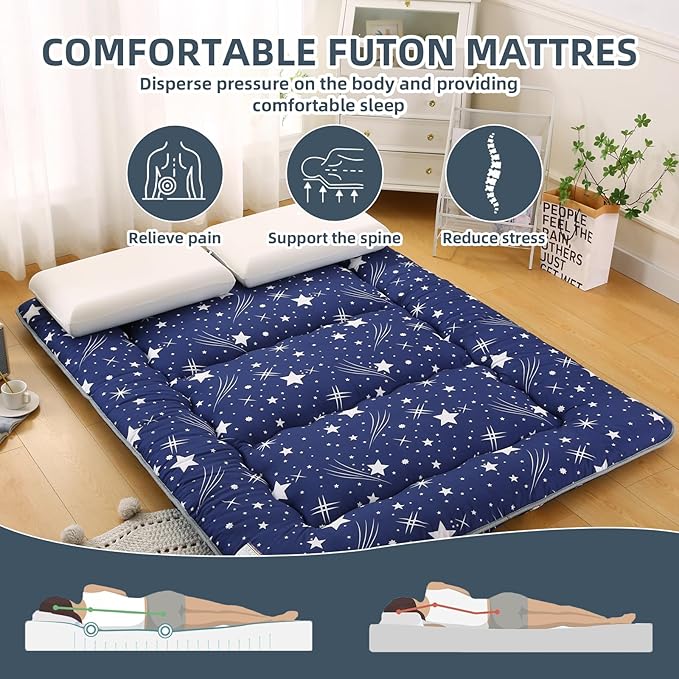 Bohemian Retro Japanese Floor Mattress, Vintage Floral Tatami Floor Mat, Portable Roll up Futon Mattress for Guest,Tavel (Starry,Full 80" X 47")