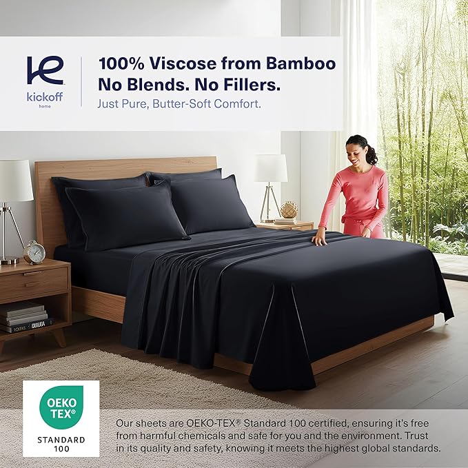 Kickoff Viscose Bamboo Sheets King Size 4-pc 100% Organic Bamboo Viscose Bed Cooling Sheets King Size Set Cool Bedding for hot Sleepers Sheet, Flat, Fitted, Pillowcases (Onyx Black,K)