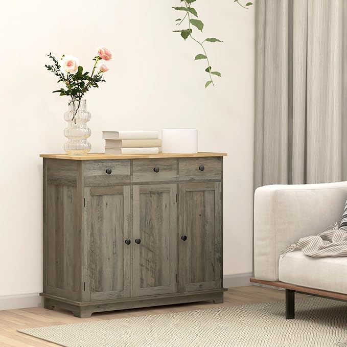 HOMCOM Sideboard with Solid Wood Countertop, Modern Kitchen Storage Cabinet, Coffee Bar Cabinet with 3 Drawers, Doors and Adjustable Shelf, Distressed Gray