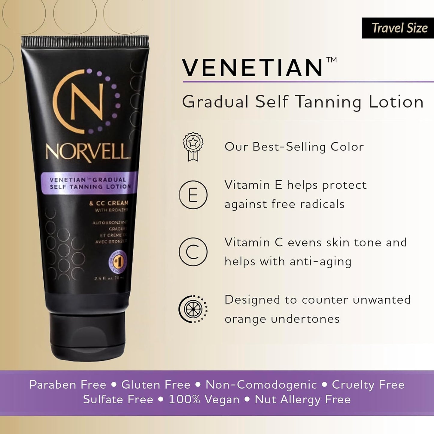 Norvell Venetian Sunless Self Tanner Gradual Color Extender Moisturizing Lotion, Travel Size 2.5 fl.oz - Self Tanning Cream with Violet and Brown Tone