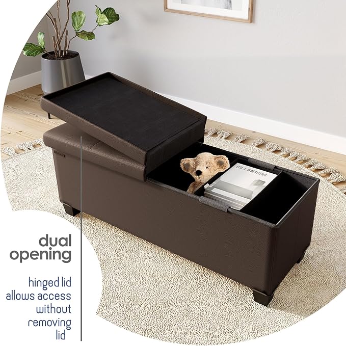 STORAGEBUD Storage Ottoman Bench with Bins, 43-in Storage Bench for Bedroom End of Bed, Folding Foot Rest Ottoman for Living Room Max 660lbs, Faux Leather Ottomans, Brown