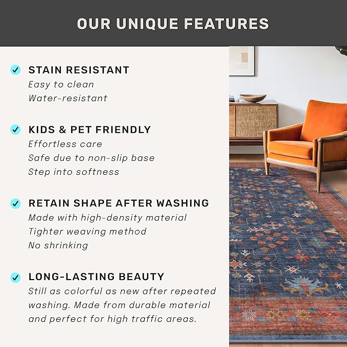 Navy Blue Runner Rug 2x6 for Kitchen, Hallway, Mudroom, Laundry Room, Bathroom, Washable Non Slip Non Skid Rubber Backing Low Pile Stain Resistance