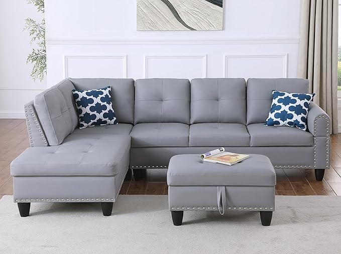Ball & Cast 98" L Shaped Sectional Couch for Living Room with Storage Ottoman&Nailhead Trim,4 Seat Faux Leather Upholstered Modular Sectional Sofa Set 3 PCS W/Chaise&Cup Holders,for Home,Office,Gray
