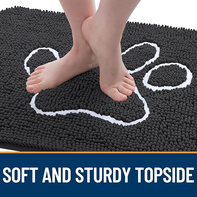OLANLY Door Mat for Muddy Dog Paws 47x32, Ultra Absorbent Chenille Mud Doormat with Paw Print Design, Non-Slip Washable Doormat for Indoor Entryway, Quick-Dry Pet Bed Mats for Dirty Dogs, Dark Grey