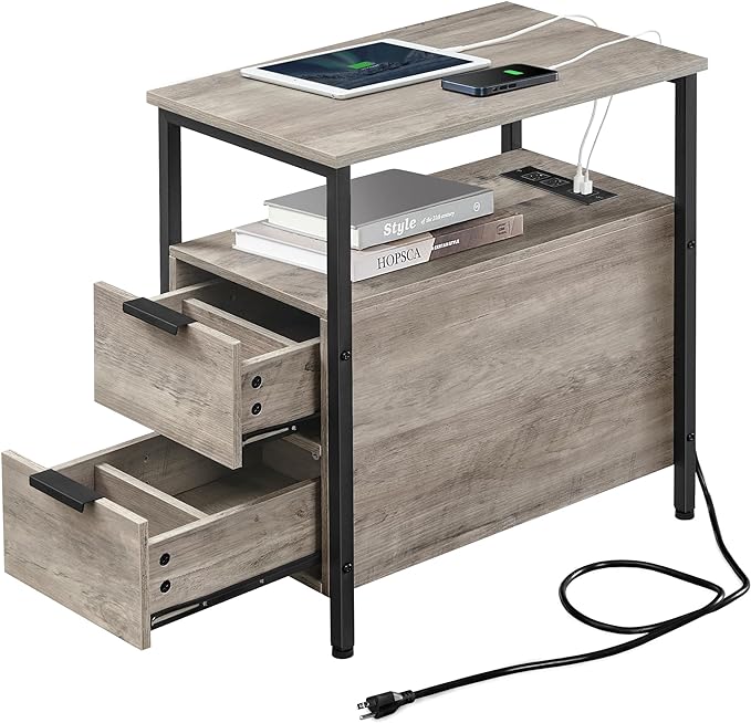 VASAGLE Side Table with Charging Station, Narrow End Table with 2 Drawers, Slim Nightstand and Bedside Table with Storage, for Small Spaces, Greige + Black