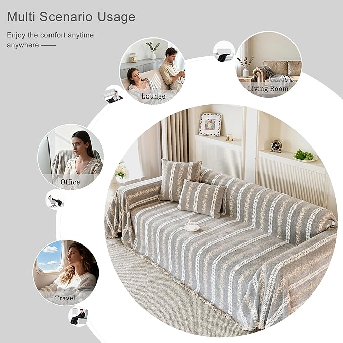 Couch Cover for Dogs Washable Sofa Cover, Sectional Couch Covers, Sofa Covers for 2 Cushion Couch, Non Slip Stripe Sofa Slipcovers Furniture Protector, Couch Protector from Cat Claws, Light,75''x118''