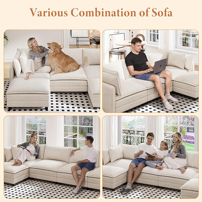 Vesgantti 143" U Shaped Sectional Modular Couch, Comfy Corduroy Upholstered Modular Cloud Sofas for Living Room, Modern Sectional Sofa with 2 Ottoman Deep Seat, Beige