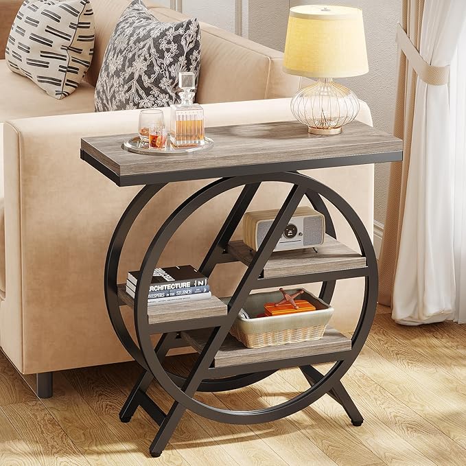 LITTLE TREE End Table, Narrow Side Table with 4-Tier Large Storage Space, Modern Bedside Table for Living Room, Home Office, Bedroom, Grey