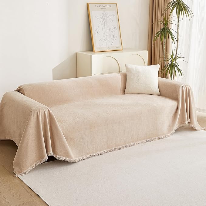 MYSKY HOME Couch Cover 2 Cushion Sofa with Tassel Chenille Sofa Covers for 2 Cushion Couch Sofa Slipcovers for Sectional l Shaped Couch Dogs Protector Furniture Covers, 71" X 118", Khaki