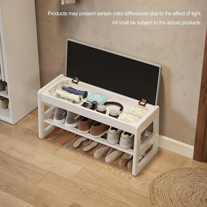 Shoe Rack Bench with Cushion,2 Tiers Shoe Bench with Flip-Top Storage,Wood Shoe Rack for Entryway,Hallway（White,31.5"）