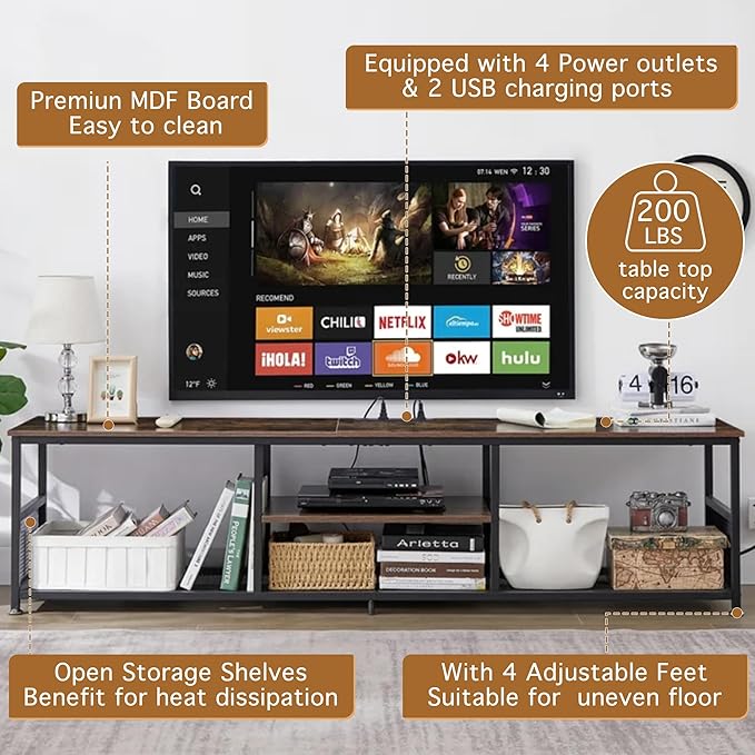 VECELO TV Stand with Power Outlets for Televisions up to 80 Inch,70" Media Entertainment Center with Charging Station 3-Tier Open Storage Shelves with Metal Frame for Living Room/Bedroom，Brown