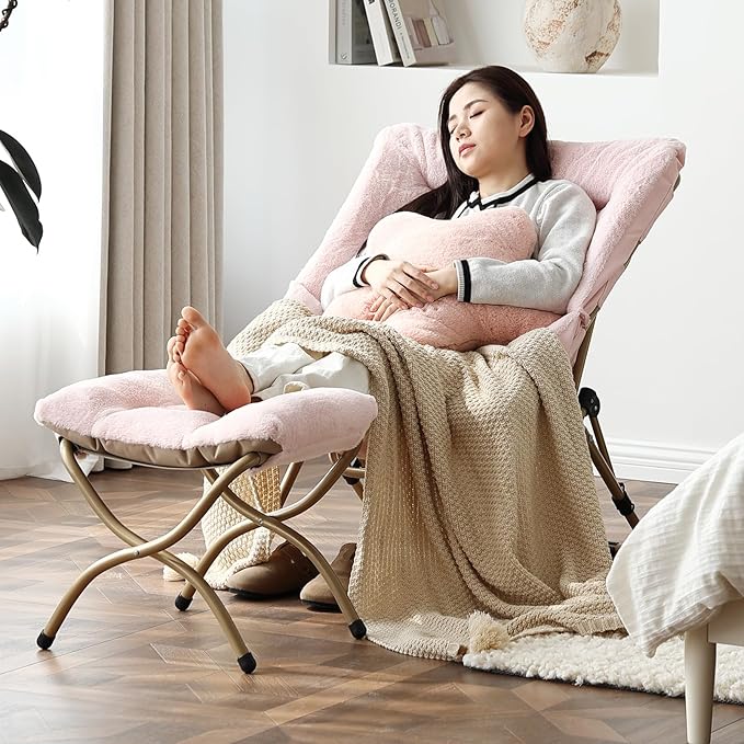 Welnow Comfy Saucer Chair with Ottoman, Oversized Folding Reading Chair for Adults with Throw Pillow Soft Faux Fur Lounge Chair for Bedroom Furry Accent Chair for Living Room, Dorm Rooms, Pink
