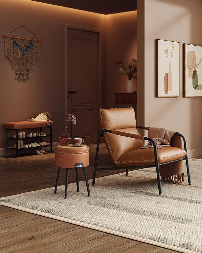 VASAGLE EKHO Collection - Accent Chair, Metal Framed Armchair, Synthetic Leather with Stitching, Mid-Century Modern, Sling Chair for Living, Bedroom, Reading Room, Lounge, Caramel Brown ULAC014K01