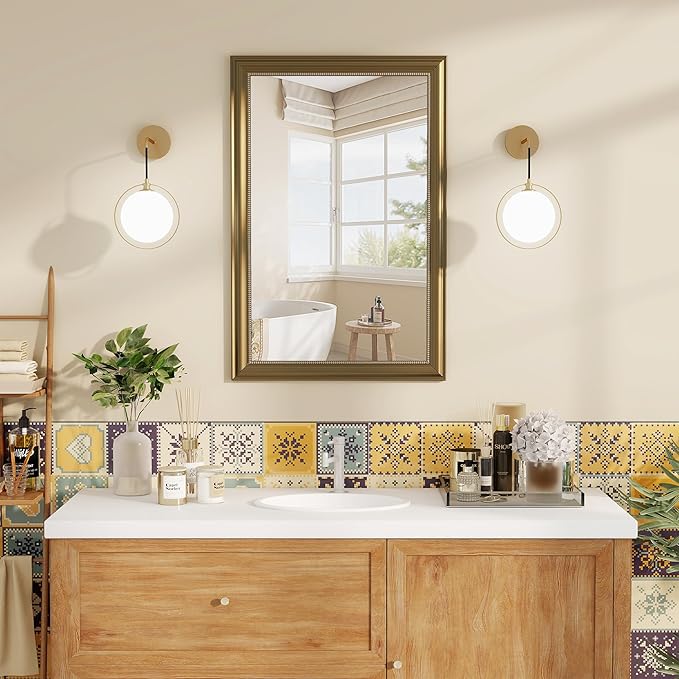 Axeman 28x36 Rectangular Wall Mirror, Decorative Bathroom Mirror, Traditional Vintage Wall Mounted Mirror with Beaded Frame for Accent Living Room Vanity Bedroom Entryway, Gold