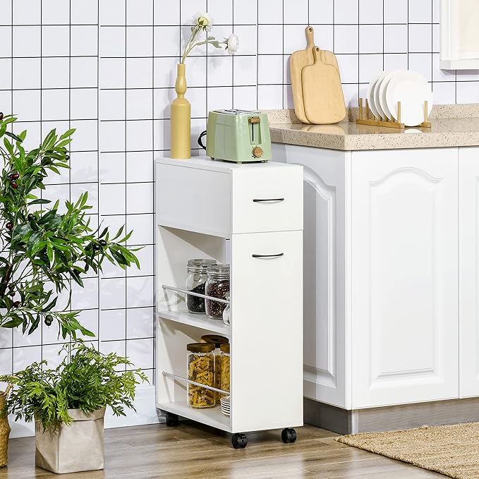HOMCOM 3- Tier Slim Storage Cart, Rolling Narrow Kitchen Cart on Wheels for Small Place, Slide Out Side Utility Cart for Bathroom, Laundry