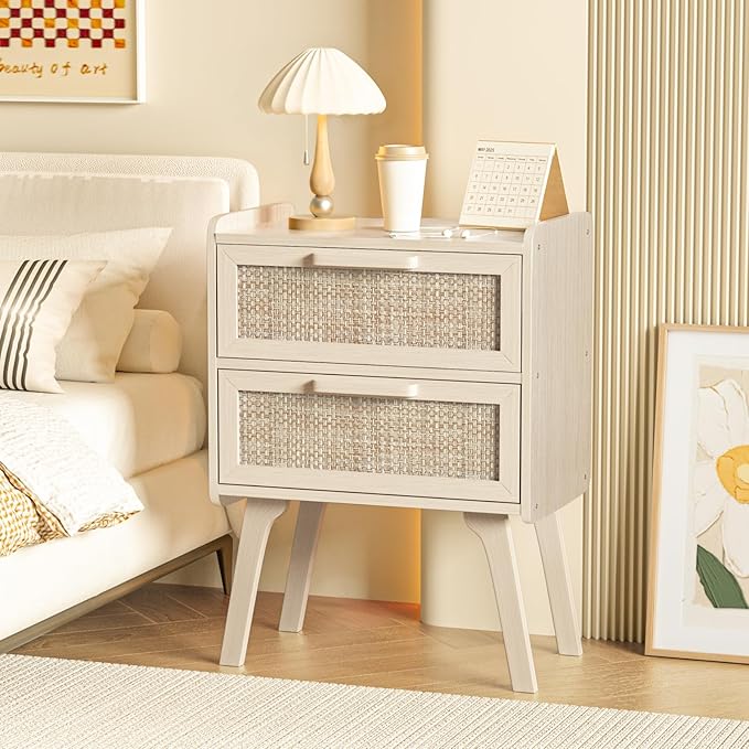 Lerliuo Rattan Nightstand, Boho Night Stand with 2 Drawers, Cane Accent Side End Table, Bedside Table with Solid Wood Legs for Bedroom, Dorm and Small Spaces (White)