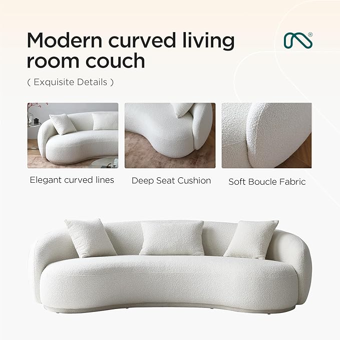 Acanva Mid Century Modern Curved Living Room Sofa, 4-Seat Boucle Fabric Couch for Bedroom, Office, Apartment, White