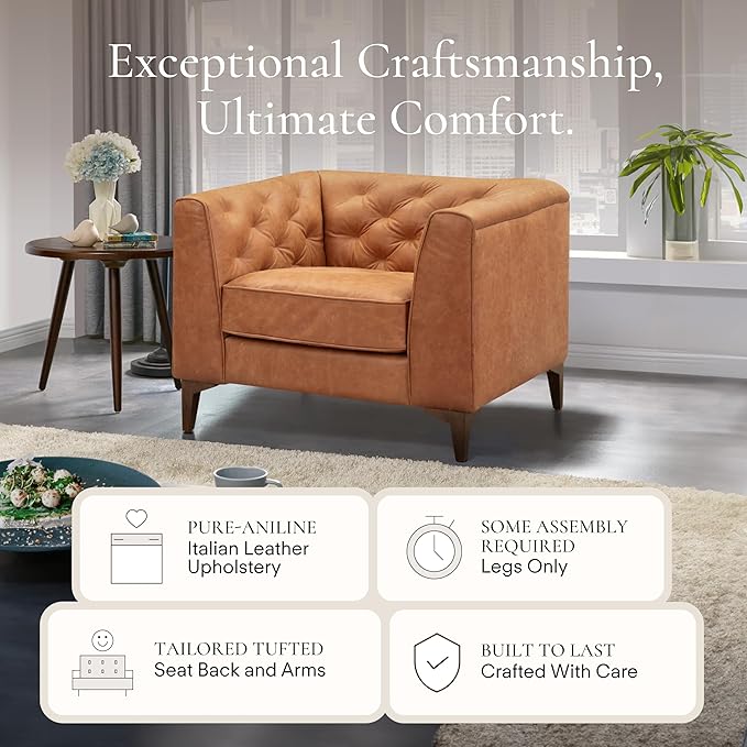 Poly & Bark Essex Lounge Chair - Leather Chair with Tufted Back - Full-Grain Living Room Armchair with Feather-Down Topper - Vintage Italian Leather in Cognac Tan - Set of 2
