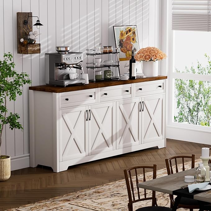 66'' Farmhouse Sideboard Buffet Cabinet with Storage, Large Kitchen Storage Cabinet with Barn Doors Drawers, Brown Coffee Bar Table for Dining Room Kitchen