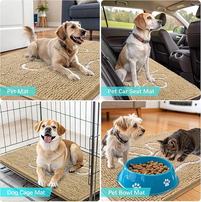OLANLY Door Mat for Muddy Dog Paws 59x35, Ultra Absorbent Chenille Mud Doormat with Paw Print Design, Non-Slip Washable Doormat for Indoor Entryway, Quick-Dry Pet Bed Mats for Dirty Dogs, Beige