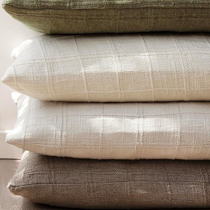 Foindtower Set of 2 Decorative Linen Check Throw Pillow Covers Neutral Farmhouse Vintage Cushion Covers Modern Boho Home Decor for Sofa Chair Couch Bedroom Living Room Outdoor,22×22 Inch,Taupe Grey