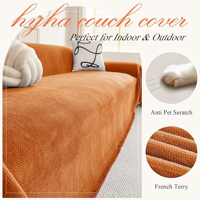 hyha Couch Cover for Dogs, Boho Sofa Covers for 3 Cushion Couch Washable, Chenille Sofa Slipcover for Pets, Soft Loveseat Sectional Couch Throw Blankets with Tassels (Orange, 71x118 Inch)