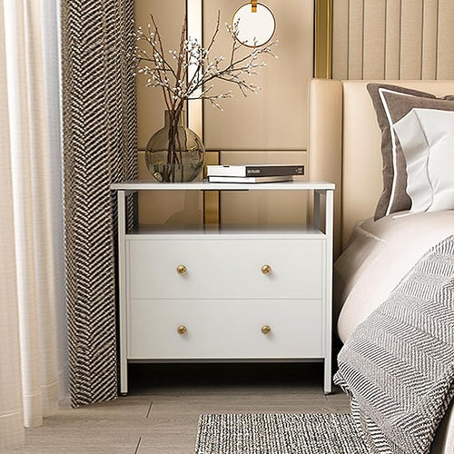 27 inch Wide Nightstand with Charging Station, Bedside Table with Open Shelf, 2 Drawers Small Wood Dresser, End Side Table for Bedroom (White)