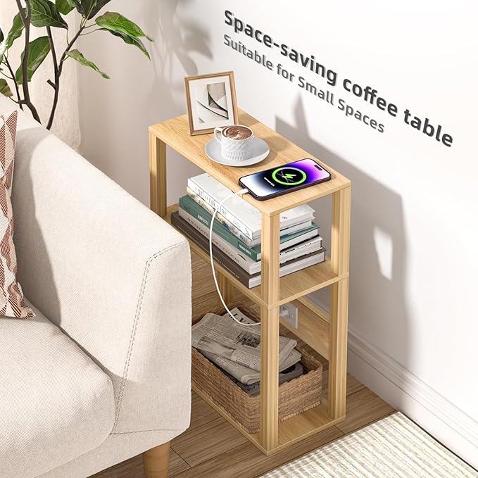 3 Tier Small Narrow Bamboo Side Table Set of 2 with Charging Station - Skinny Nightstand for Small Spaces, Slim Bedside Table with USB Ports and Outlets - Thin End Table with Storage, Natural