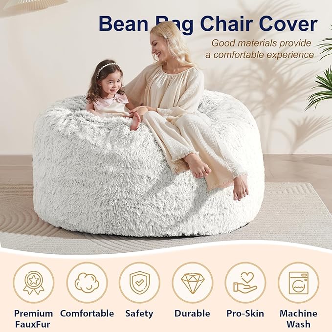 7FT Oversized Bean Bag Covers Only, Fluffy Stuffed Beanbag Chair Covers No Filler, Washable Bean Bags Cover for Adults, Stuffed Animal Bean Bag Anti-Slip, White