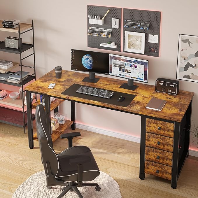 Lufeiya 55 inch Computer Desk with 4 Fabric Drawers & Storage Shelves, Writing Work Study Desk for Home Office Bedroom, Modern Simple Student PC Desks Table, Rustic Brown