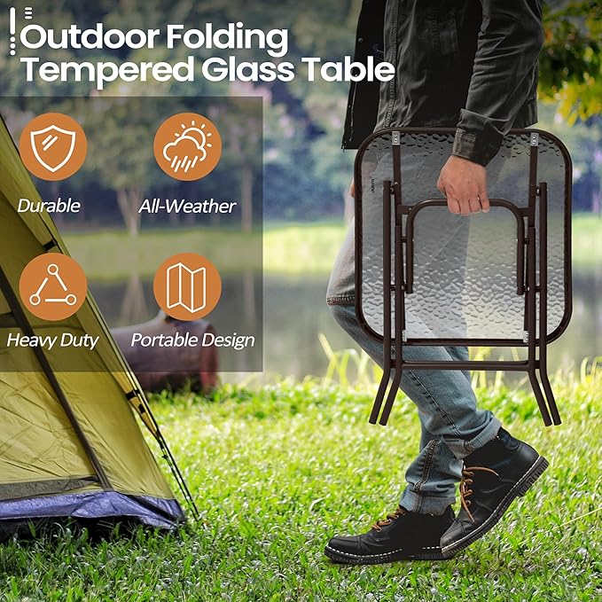 Foldable Outdoor Side Table with Tempered Glass Top Square 18" Folding Patio Side Table Small Glass End Tables for Patio Porch Yard Balcony Deck Lawn Dining Garden (Brown)