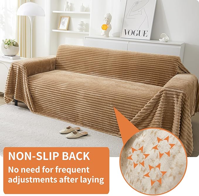 HAOMAIJIA Faux Fur Sofa Covers Couch Covers for 2 Cushion Couch Sofa Pet Friendly Soft Non Slip Couch Cover for Dogs Washable Sectional Couch Covers L Shape Furniture Protector (Khaki, 91"x118")